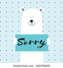 Polar bear sorry vector card illustration on a dotted pattern background