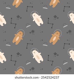 Polar bear in space cartoon so cute. On ufo star gray background. Pattern seamless vector illustration. 