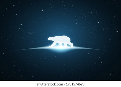 Polar bear in space. Vector conceptual illustration with white silhouette of endangered animal and glowing outline. Surreal blue background for greeting cards, posters and other design