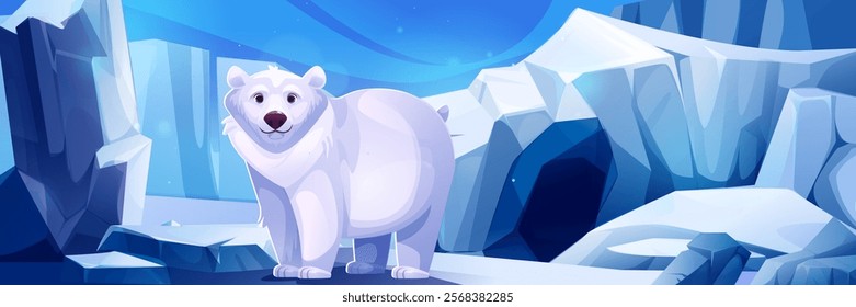 Polar bear standing near glacier arctic cave entrance - frozen landscape with crystalline ice formations, snowy terrain, deep blue cavern opening. White fluffy wild animal in winter environment.