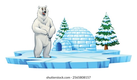 Polar bear standing near an igloo and snowy pine trees on ice. Vector cartoon illustration