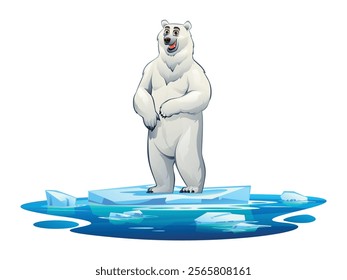 Polar bear standing on a floating ice platform surrounded by water. Vector cartoon illustration