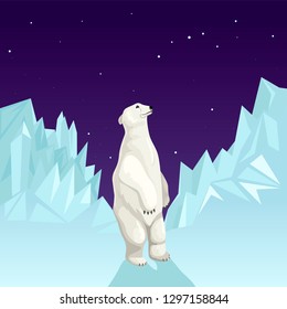Polar bear standing on ice among the mountains. Adult wild arctic beast. Looks up at the starry sky. Arctic landscape. Mascot teddy. Flat style cartoon vector illustration.