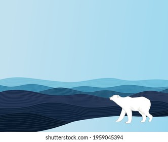 Polar bear standing on ice near ocean. Abstract wavy blue background with wild arctic animal. Geometric sea illustration in oriental style. - Vector