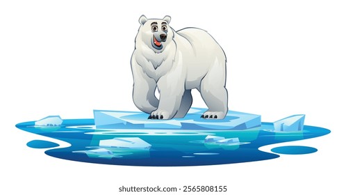 Polar bear standing on an ice platform surrounded by icy waters. Vector cartoon illustration