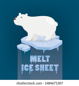 Polar Bear Standing On Melt Ice Sheet On Dark Blue Background.