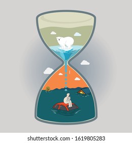 Polar bear standing on small melting iceberg on the top half of hourglass and water drops to the bottom half of hourglass where a man sitting on rooftop surrounded by flooding water