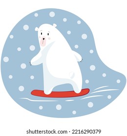 A polar bear stands with its back on a red snowboard against the background of falling snow in a flat style. Animal logo or banner. Baby winter holidays greeting card.