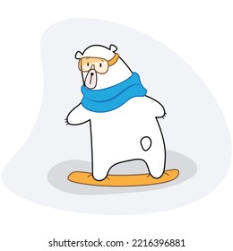 A polar bear stands with its back on a yellow snowboard in yellow goggles and a blue scarf in cartoon style. Animal logo or banner. Baby winter holidays greeting card.