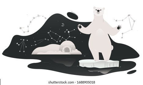 A polar bear stands on an ice floe in the Arctic Ocean against the background of an igloo. Polar bear and polar night with constellations and stars in winter. Isolated hand drawn vector illustration.