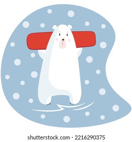 A polar bear stands with a red snowboard in its paws against the background of falling snow in a flat style. Animal logo or banner. Baby winter holidays greeting card. 