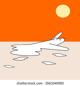 The Polar Bear Is Struggling As The Body Is Melting Into A Liquid On Orange Color Sky And Yellow Sun In Background, Illustration Negative Metaphors About The Impact Of Global Warming On Animals