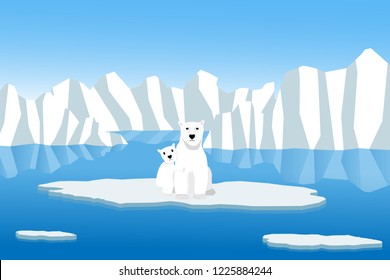 Polar bear stuck on melting ice floe with ice berg in the background, caused by the global warming effect.