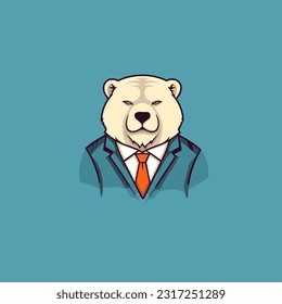 Eisbär in Anzug und Krawatte. Vektorgrafik einzeln auf blauem Hintergrund. Cartoon-Maskottchen