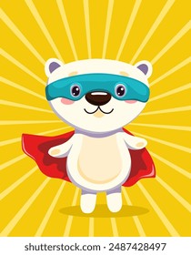 Polar bear super hero on yellow background. Vector cartoon children's illustration