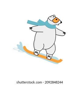 Polar bear surfing snowboard on downhill. Extreme outside winter sport concept. Vector cartoon illustration.