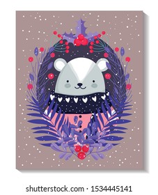 polar bear with sweater leaves foliage merry christmas cards vector illustration