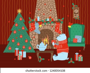 A polar bear in a sweater sits by the Christmas fireplace and drinks tea. Christmas interior. Vector illustration in flat style.