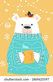 Polar bear in sweater and warm cup. Christmas card