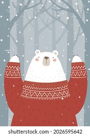 Polar bear with sweater in the winter forest. Cartoon style hand drawn vector illustration. For greeting card, poster, web banner, etc. 