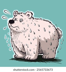 Polar bear sweating, poster and clipart concept about climate change, pollution and global warming awareness. White mammal being hot, ecosystem and nature destruction issues.