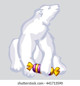 Polar bear with sweet candy isolated on gray background. Vector illustration.