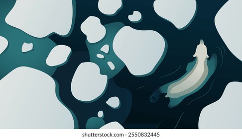 Polar Bear swimming in cold Arctic water surrounded by floating ice patches. Global warming illustration with melting ice. Bear in the wild. Vector