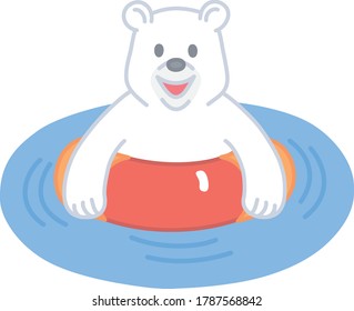 
It is a polar bear swimming in a floating ring.