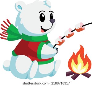 Polar bear toasting marshmallows on campfire. Cartoon icon