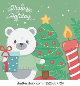 polar bear tree gift and candle celebration happy holiday poster vector illustration