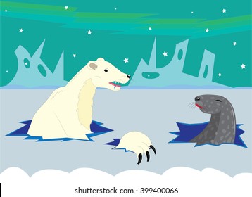 The polar bear tries to eat a seal