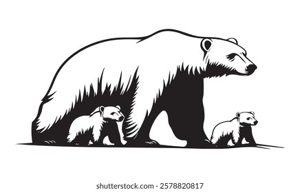 A polar bear with two cubs walking on a white background