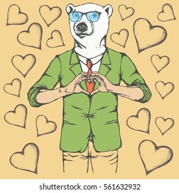 Polar bear Valentine day vector concept. Illustration of white bear head on human body. Bear showing heart shape