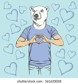 Polar bear Valentine day vector concept. Illustration of white bear head on human body. Bear showing heart shape