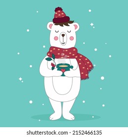 polar bear vector, cute polar bear in knitted scarf, wild animals, cartoon polar bear, polar bear in hand drawing style	