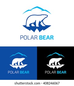 Polar bear vector design logo template. Symbol of a polar bear walking on a glacier in the background of the mountains.