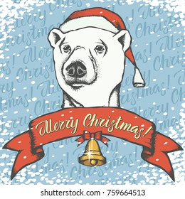 Polar bear vector illustration. Christmas Polar bear in Santa hat and lettering merry Christmas