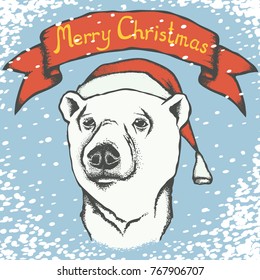 Polar bear vector illustration. Christmas Polar bear in Santa hat. Illustration of polar bear and Merry Christmas inscription