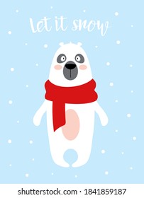 ilustración del vector del oso polar, tarjeta de invierno con animal lindo en la bufanda aislado en la nieve y fondo azul
