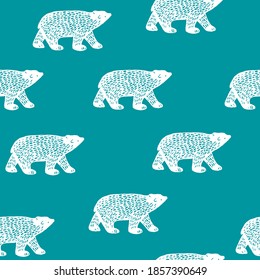 Polar bear. Vector seamless pattern cartoon background on blue background. Children's wallpaper.