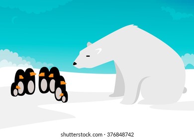 Polar bear vs Penguins vector illustration