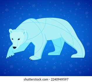 A polar bear walking in Arctica in a cold and frosty weather, with some snowflakes on the background