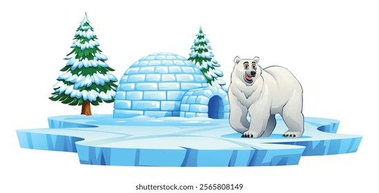 Polar bear walking near an igloo and snow covered pine trees on an icy platform. Vector cartoon illustration