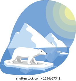 Polar bear walking on a melting ice in sea. Concept for global warming. Flat style vector illustration isolated on white background, suitable for wallpaper, banner, book illustration.