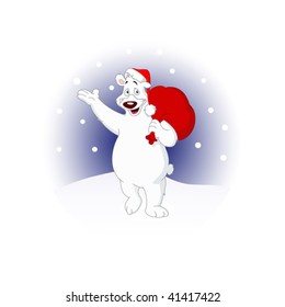 Polar bear walking in the snow dressed as Santa