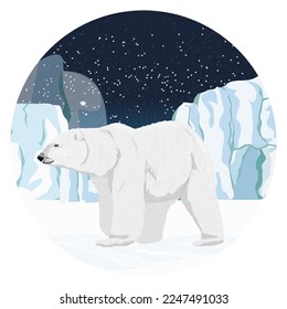 A polar bear walking through the snow on a cold winter night. Wild animals of the Arctic and the North Pole. Realistic vector landscape