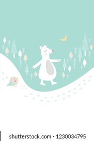 Polar bear walking in the winter landscape surrounded with Christmas trees, snow and a winter bird. Great as a textile print, party invitation or packaging.