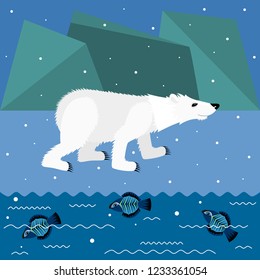 Polar bear walks along the ocean shore where fish swim.