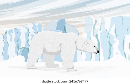 A polar bear walks along a Snow-covered plain with high ice cliffs. Arctic at dawn. Permafrost. Realistic vector landscape