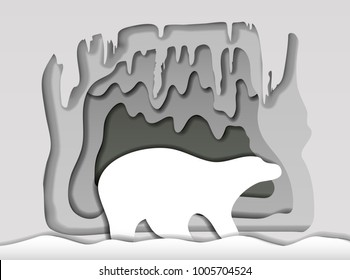 Polar bear walks near his house, snow cave with the ice stalactites. Vector illustration with mesh shadows.